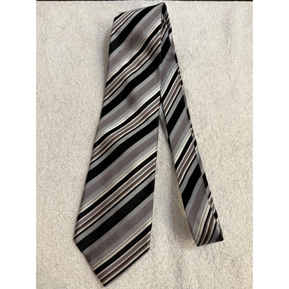 Massimo Bizzocchi Mens Silk Tie Black Grey White Striped Made in Italy Necktie